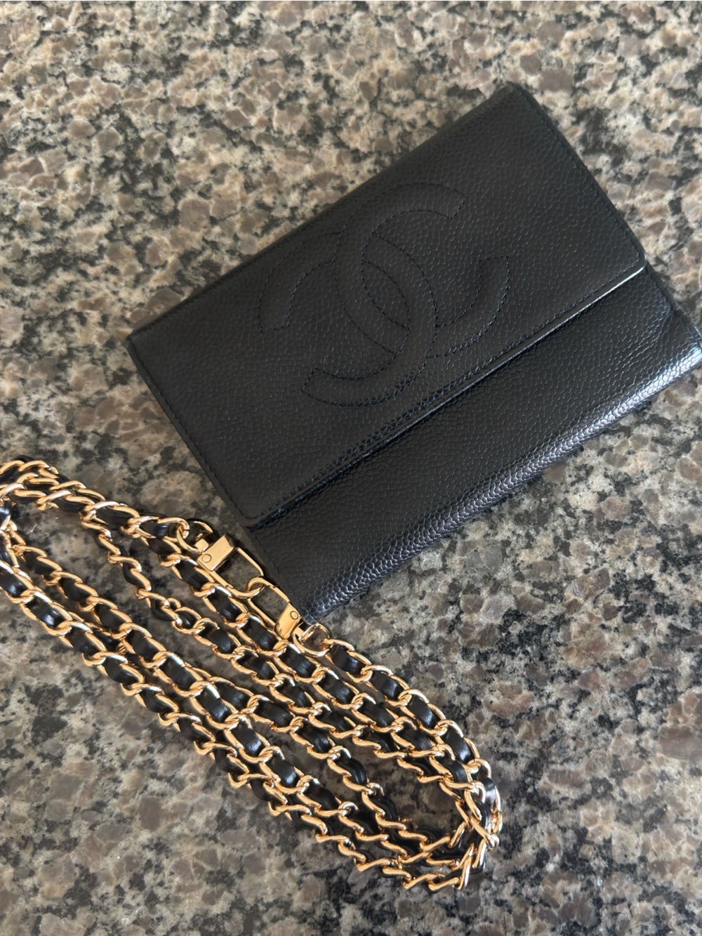 CHANEL Black Quilted Leather Wallet with Gold Chain Strap